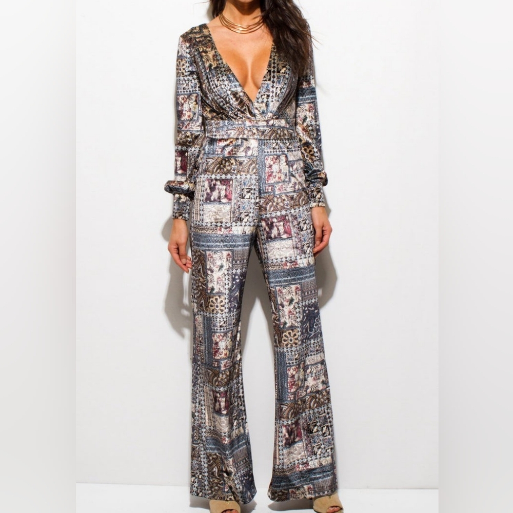 Essue Chic Velvet Boho Wide Leg Pants Long Sleeve Jumpsuit, Size Sm, Multi Color